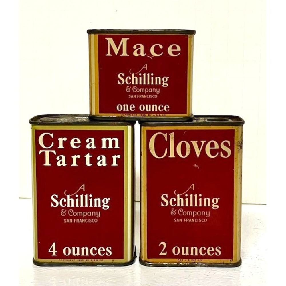Schilling  Spice Tins 3 VTG Cloves Cream‎ Tartar Mace Schilling Co San Francisco